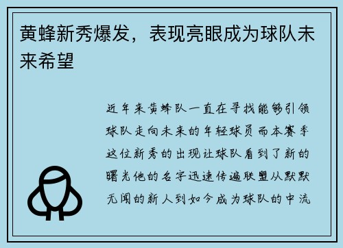黄蜂新秀爆发，表现亮眼成为球队未来希望