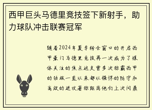 西甲巨头马德里竞技签下新射手，助力球队冲击联赛冠军